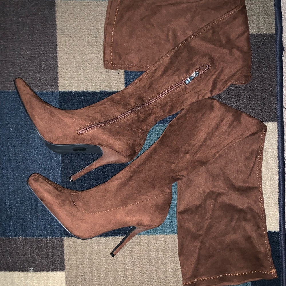 Brown, thigh high, faux suede, square toe—worn once.